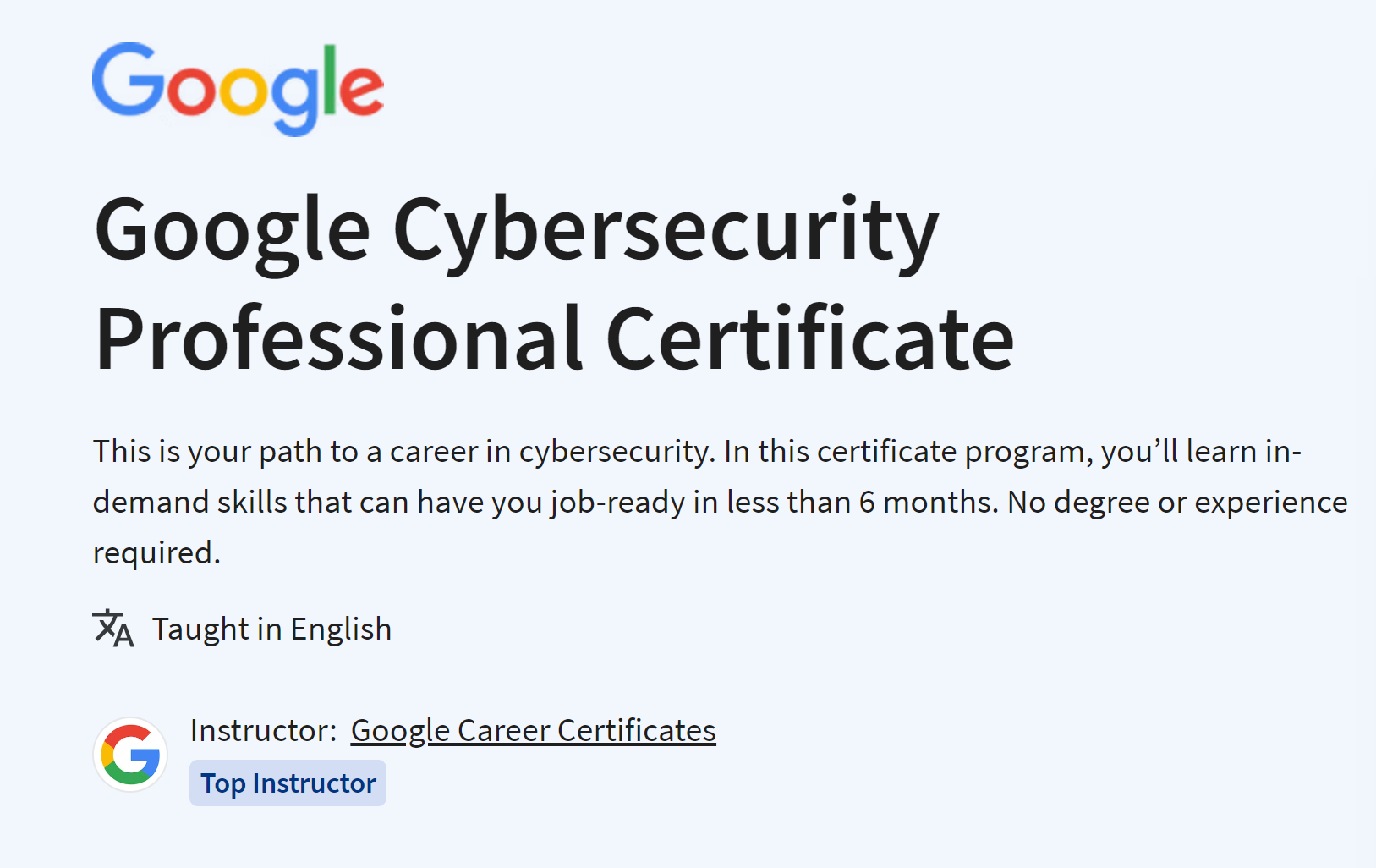 Certificato professionale Google Cybersecurity