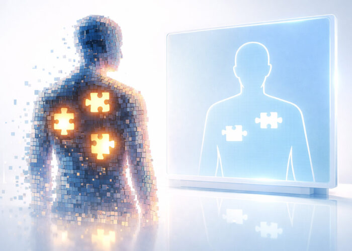 Sagoma digitale di una persona con frammenti mancanti riflessa in uno schermo AI che ne mostra una versione semplificata — rappresentazione visiva dei buchi interpretativi dell'Intelligenza Artificiale