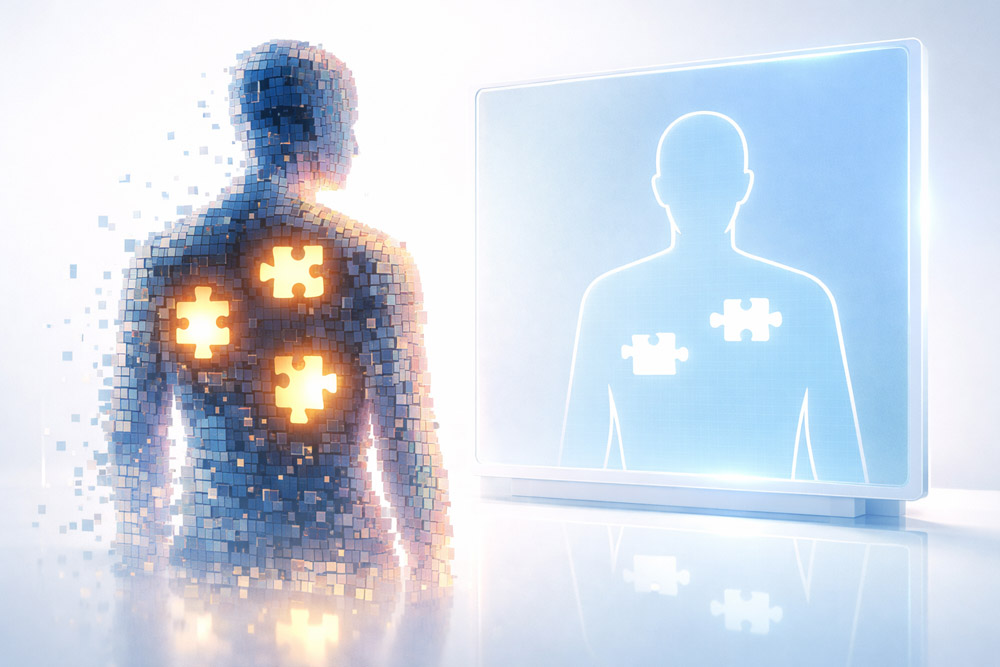 Sagoma digitale di una persona con frammenti mancanti riflessa in uno schermo AI che ne mostra una versione semplificata — rappresentazione visiva dei buchi interpretativi dell'Intelligenza Artificiale